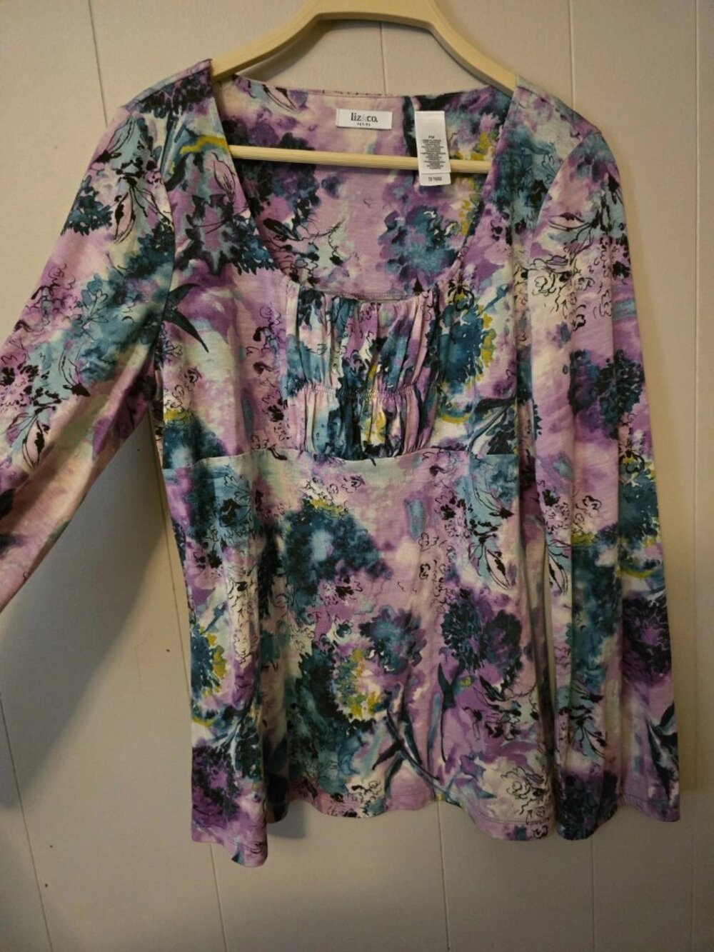 Liz & Co Womens PM Top Empire Waist Gathered Floral Watercolor LS Jeweltones